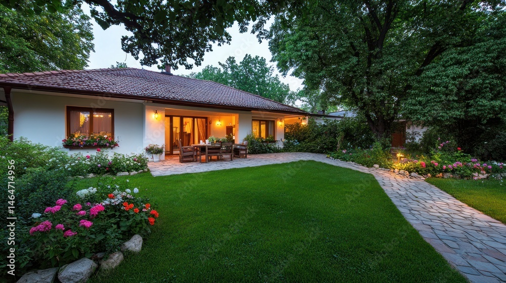 Fototapeta premium House exterior garden evening lighting landscaping home design