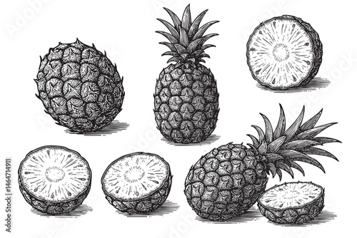 pineapple set woodcut engraving vector illustration