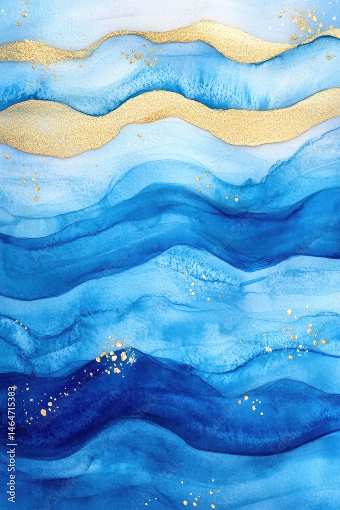 Azure Horizons: An abstract composition evokes the vastness and tranquility of the ocean, with layers of blue hues, interspersed with touches of gold. It's a visual metaphor for depth and serenity.