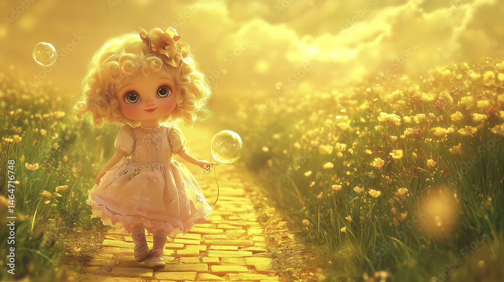 Fototapeta premium A girl in a pink dress walks along a cobblestone path in a field of flowers, holding a bubble wand. The scene is bright and sunny.