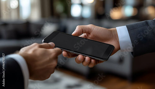 Two Businessmen Exchanging a Smartphone in an Office Setting