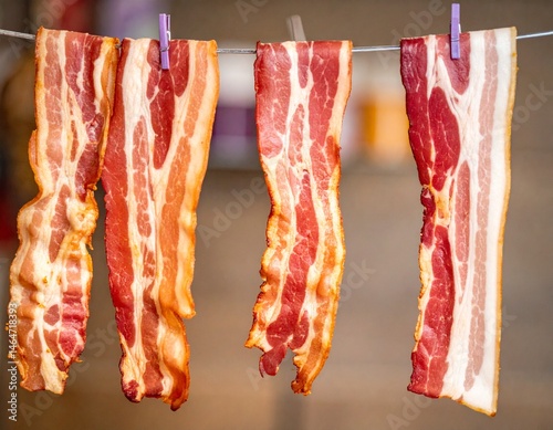 Crispy strips of bacon hanging