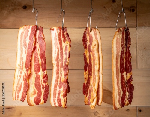 Crispy strips of bacon hanging