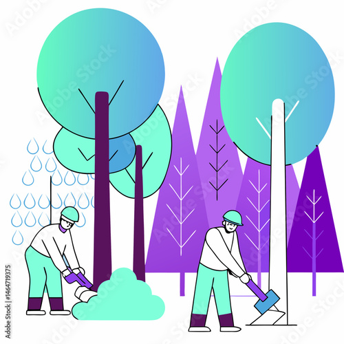 Stylized illustration of lumberjacks working in a forest representing nature and conservation