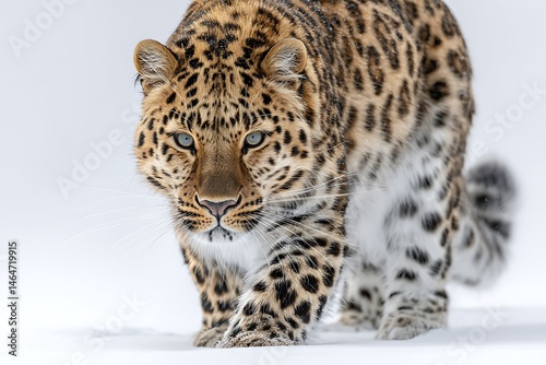 A rare Amur leopard steps silently on the snow, its fur striking a beautiful contrast against the white ground.