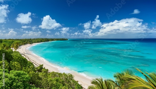 idyllic caribbean beach paradise with turquoise waters and lush greenery
