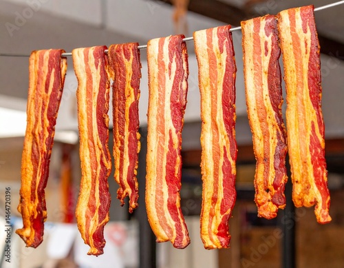 Crispy strips of bacon hanging