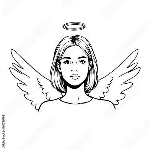 Angelic woman with wings and halo in black and white  