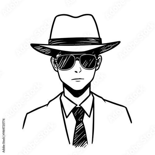 Stylish man wearing sunglasses and a hat in a line art design  
