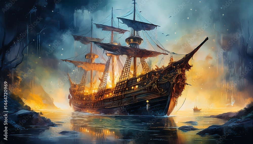 Obraz premium abandoned pirate ship glowing with cursed gold eerie fog watercolor style