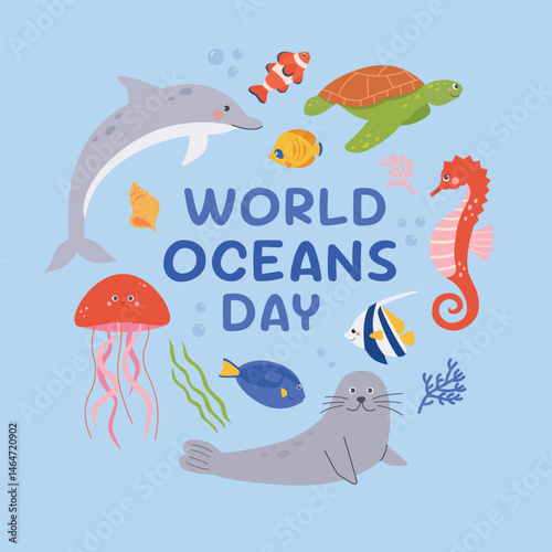 World oceans day cards with underwater Scene. Happy Oceans day concept for poster,banner,template, social media,greeting cards.Vector illustration cartoon flat style