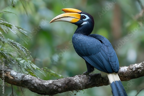 A rare hornbill carries fruit on a high branch in a montane forest. Its black and white feathers and curved beak are particularly striking.