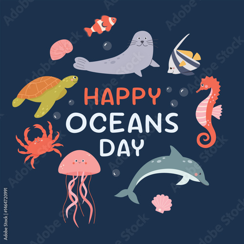 Save the Ocean. World oceans day. Underwater Scene with coral, seaweed, sea turtle,crab. Happy Oceans day concept for poster,banner,social media, greeting cards.Vector illustration cartoon flat style