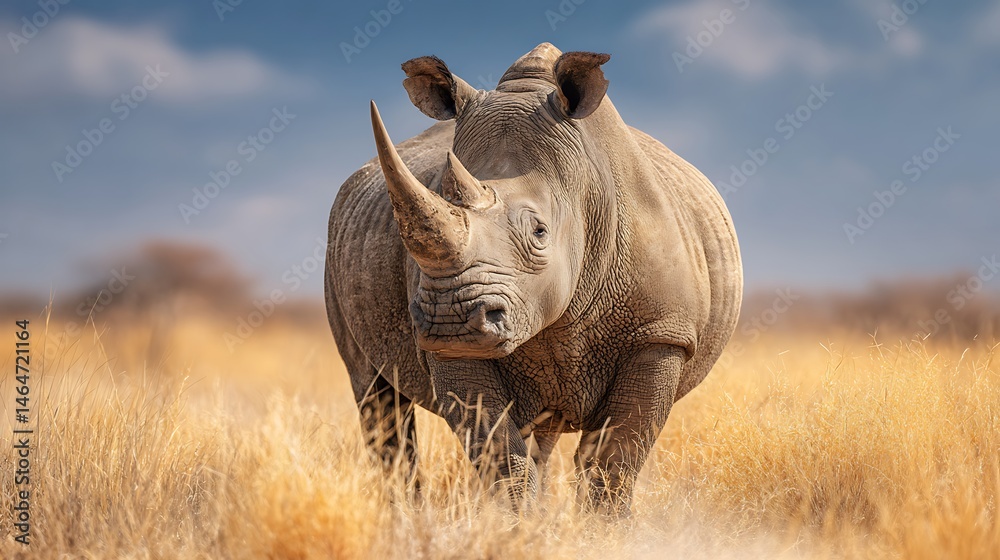 Fototapeta premium A large white rhino stands calmly in the middle of an African savannah, with a bright blue sky and golden dry grass in the background.