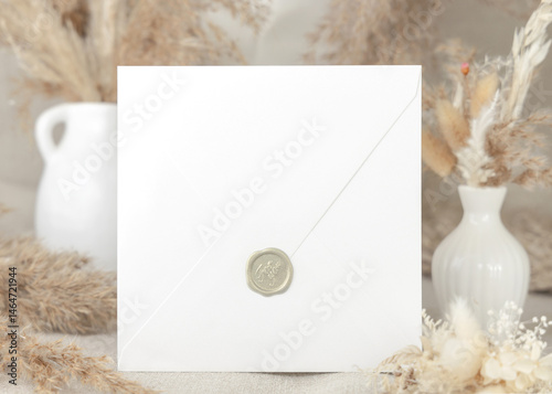 Sealed envelope near dry beige pampas grass on linen closeup, mockup. Bohemian wedding stationery