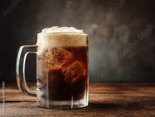 Frosty Glass Mug Filled with Root Beer and Foam on Wooden Table