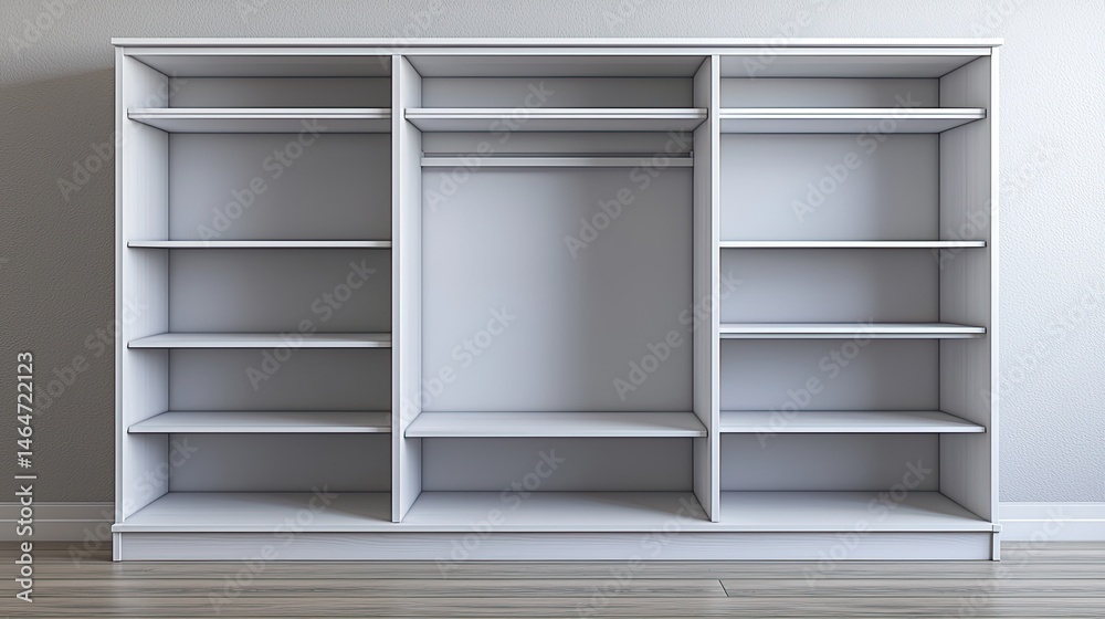 Modern, empty wardrobe with shelves and hanging rod Modern, empty wardrobe with shelves and hanging rod