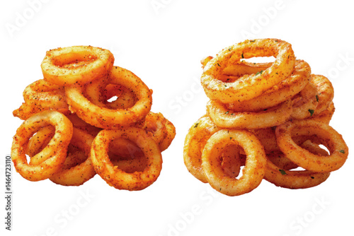 Crispy golden onion rings piled high on a white background, showcasing their crunchy texture and spiced coating
