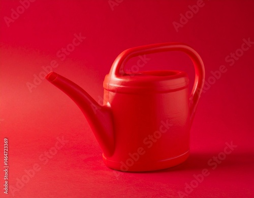 Vibrant red plastic watering can stands against monochromatic deep red background. Gardening 