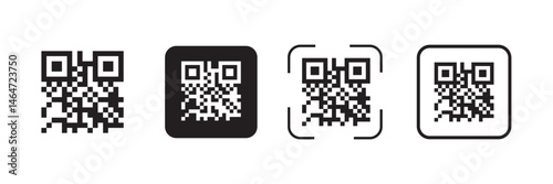 Barcode or qr code. Rectangle sticker with code for scanning., Four black and white qr codes with the word scan on them. Vector icons