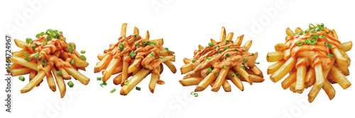 Realistic servings of French fries topped with various sauces and garnished with green onions, on a white background