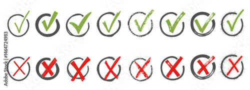 Brush, marker drawn green check mark and red cross circle icon set. Collection of hand drawn doodle tick symbol, chalk approval and cancel marks