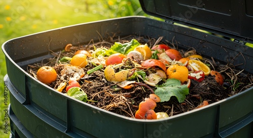 Compost bin filled with organic waste and sunlight in a garden setting