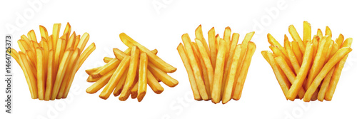 Realistic of crispy golden French fries arranged in different styles against a white background