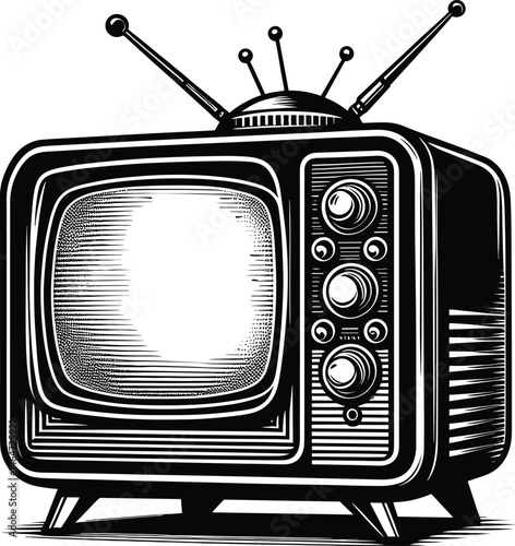  Vintage Retro TV Vector Illustration – Black Silhouette on White Background