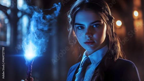 Young girl in a school uniform holding a magical glow