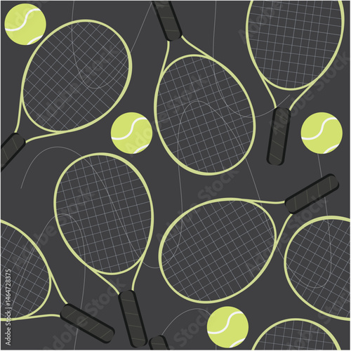 Seamless Tennis Pattern with Rackets on Dark Background: Sporty repeat pattern featuring tennis rackets and balls on a dark background. Perfect for modern sports-themed prints and digital use