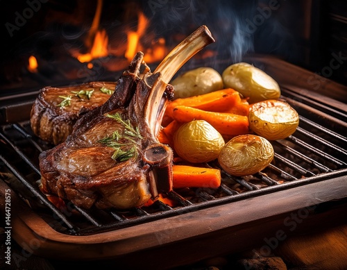 the rustic oven is cooking lamb chops roasted potatoes and carrots all while baking potatoes in the process