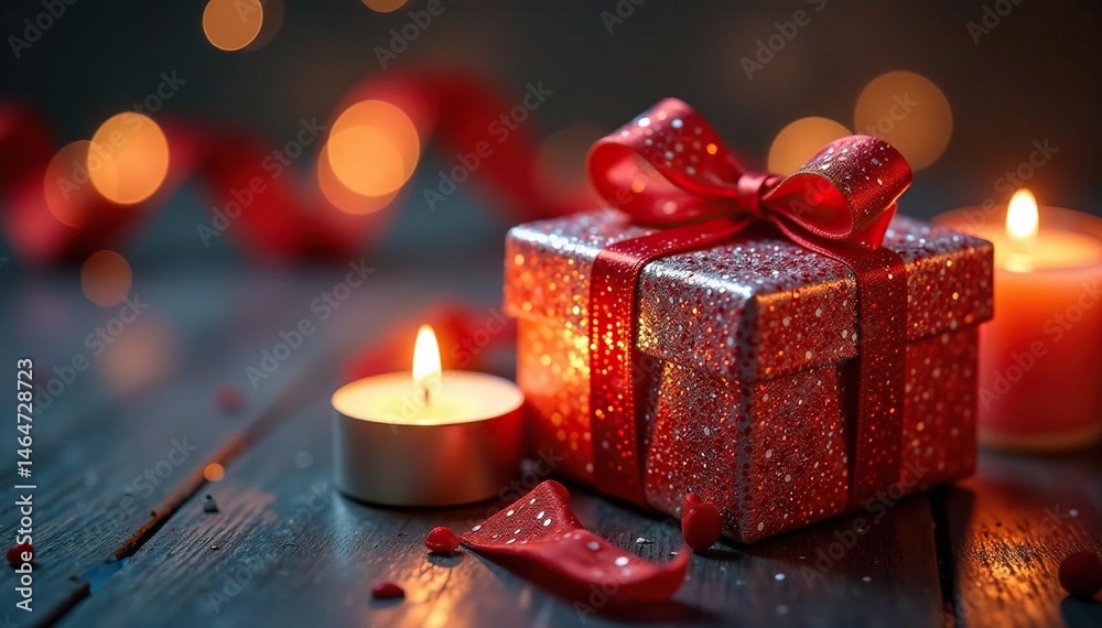 Shimmering gift, candles surround, festive ribbons, ribbons, romantic Shimmering gift, candles surround, festive ribbons, ribbons, romantic