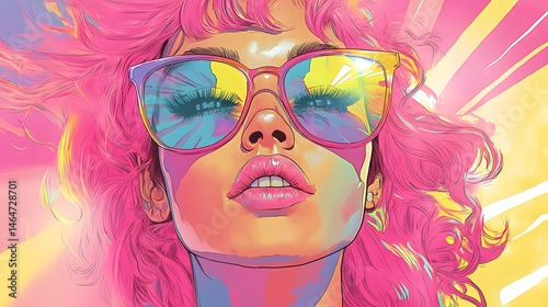 Vibrant portrait of a woman with bright pink hair and sunglasses.