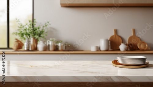 stylish marble tabletop on wooden platform with copyspace for your logo at blurry kitchen utensils and dishes on light wall background 3d rendering mock up