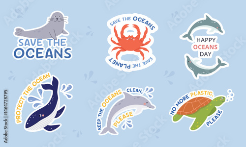 Save the ocean cartoon Eco stickers pack. Seal, crab, sea turtle,dolphin and whale with no more plastic, protect the ocean fun lettering badges. Happy Oceans Day. Vector illustration