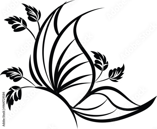 Elegant Black and White Floral Butterfly Wing Design Element
