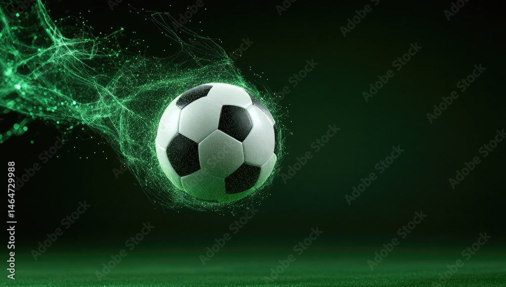 Fototapeta premium Soccer ball in motion with green lighting effect on a white background showcasing dynamic energy and movement