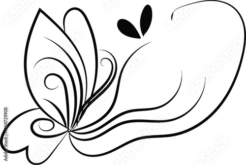 Elegant Black Line Art Butterfly Design with Floral Swirls