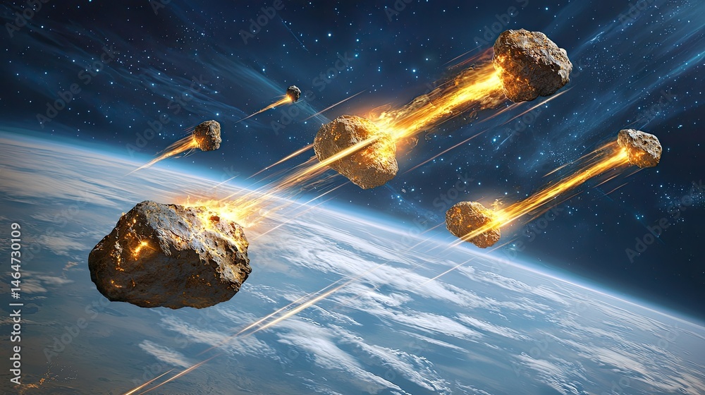 Naklejka premium Asteroid impact event, multiple asteroids hurtling toward Earth