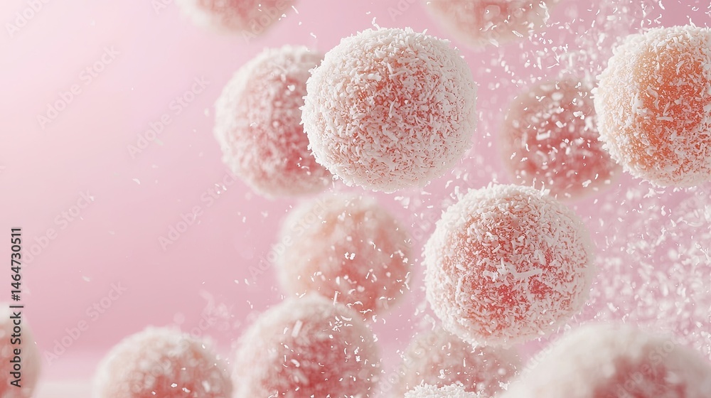 Fototapeta premium Pink coconut balls in mid-air, dusted with shredded coconut