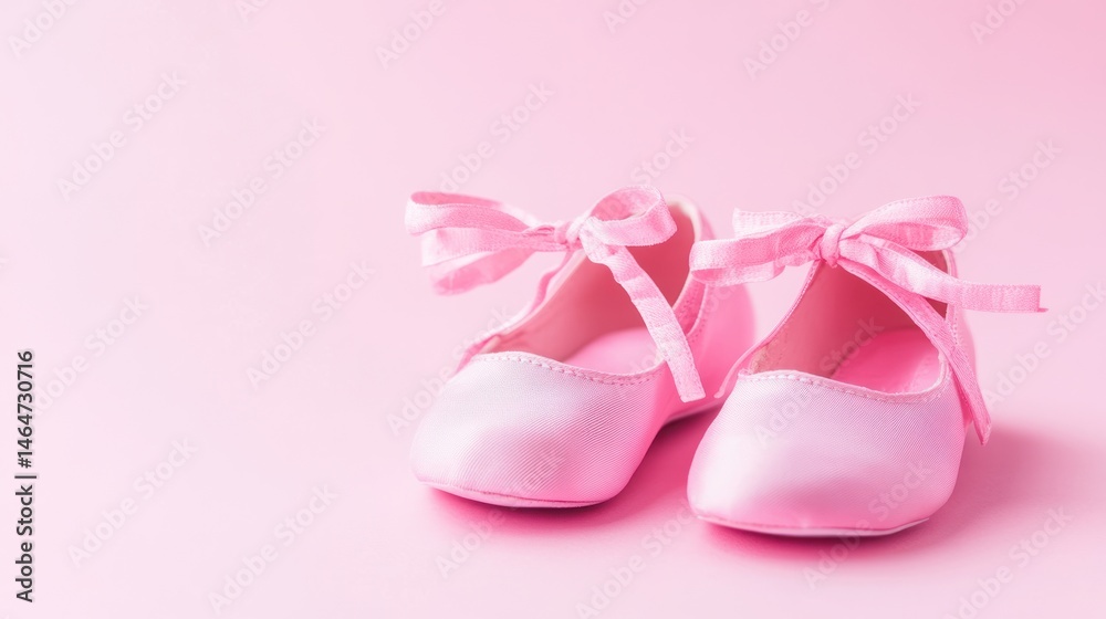 Fototapeta premium Pink baby shoes with satin ribbons