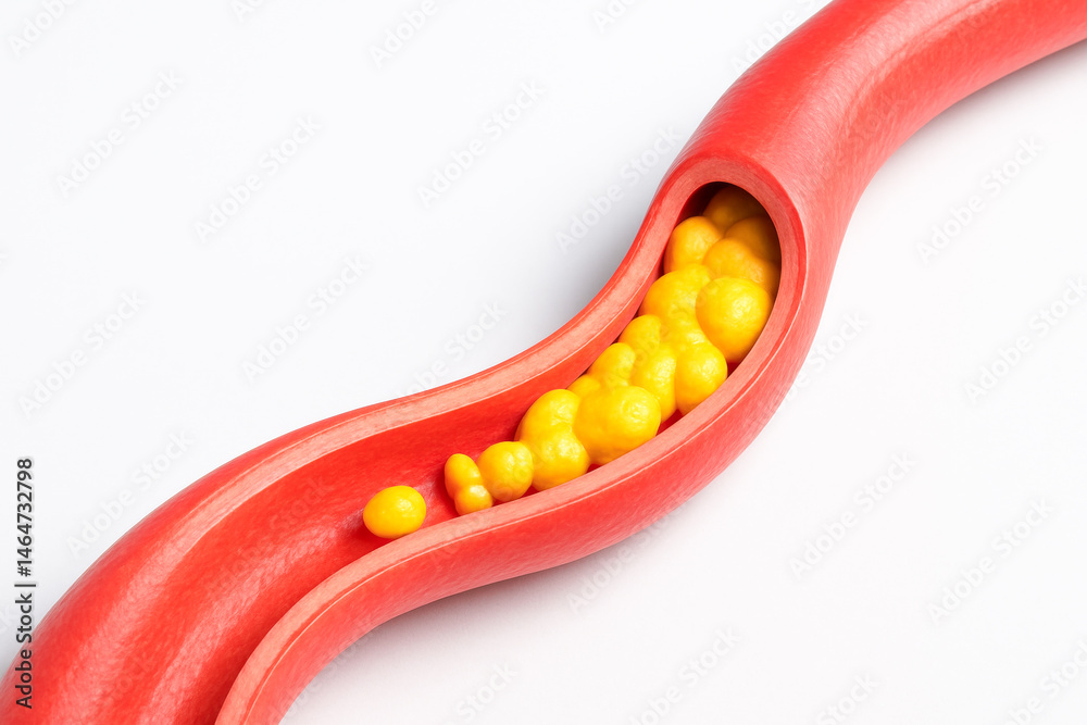 Cholestero buildup in artery model showing yellow fatty deposit inside red blood vessel representing health risk and cardiovascular disease Cholestero buildup in artery model showing yellow fatty deposit inside red blood vessel representing health risk and cardiovascular disease
