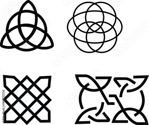 set of celtic outline knots ornament, Medieval tattoo shape vector, infinite weaving pattern, various, stickers assets, abstract geometric graphic elements design isolated and transparent background