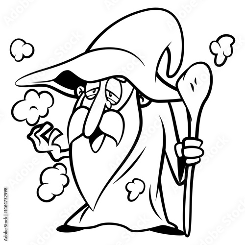 Old Wizard cartoon characters carrying a magical staff and spelling a mantra emitting a smokes. Best for outline, logo, and coloring book with Halloween themes