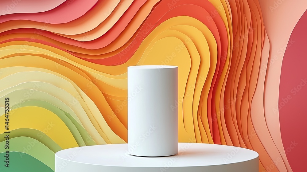 Fototapeta premium Blank cylinder product display on a colorful layered background