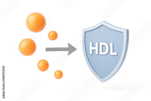 Cholestero particle illustration with arrow pointing to HDL shield symbol representing healthy cholestero level and protection concept