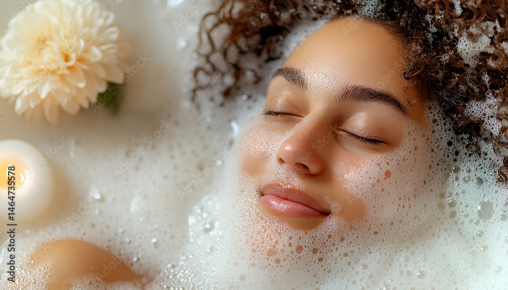 Woman Relaxing in a Bubbly Bath with Flowers and Candle Woman Relaxing in a Bubbly Bath with Flowers and Candle