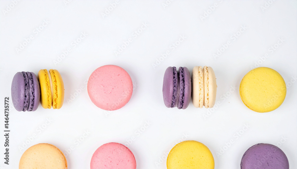 Obraz premium the image features a collection of circular treats arranged neatly on a clean, bright surface. the sweets display an array of pastel colors, including pink, yellow, and purple hues