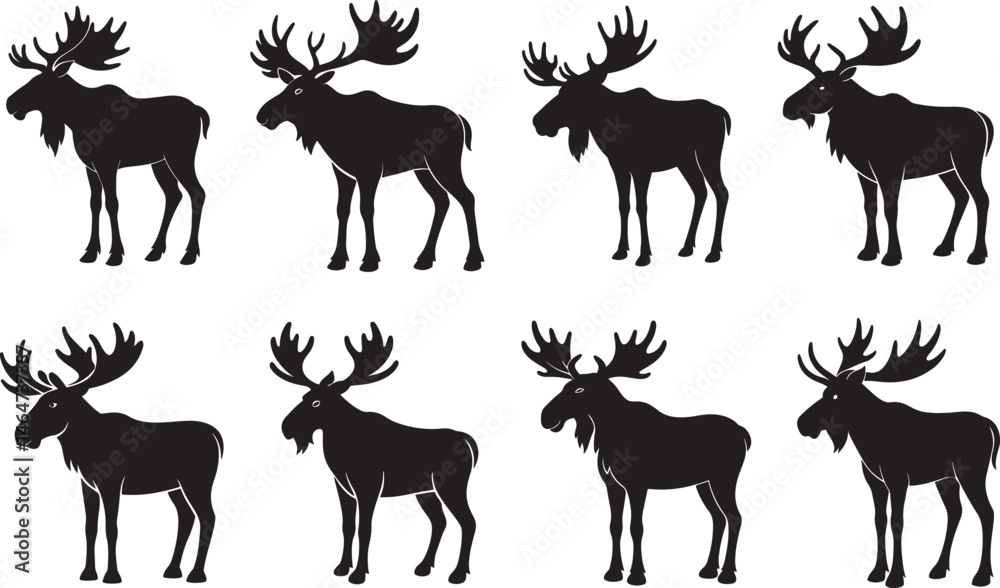 Fototapeta premium set of moose silhouette, black and white silhouette, vector and illustration